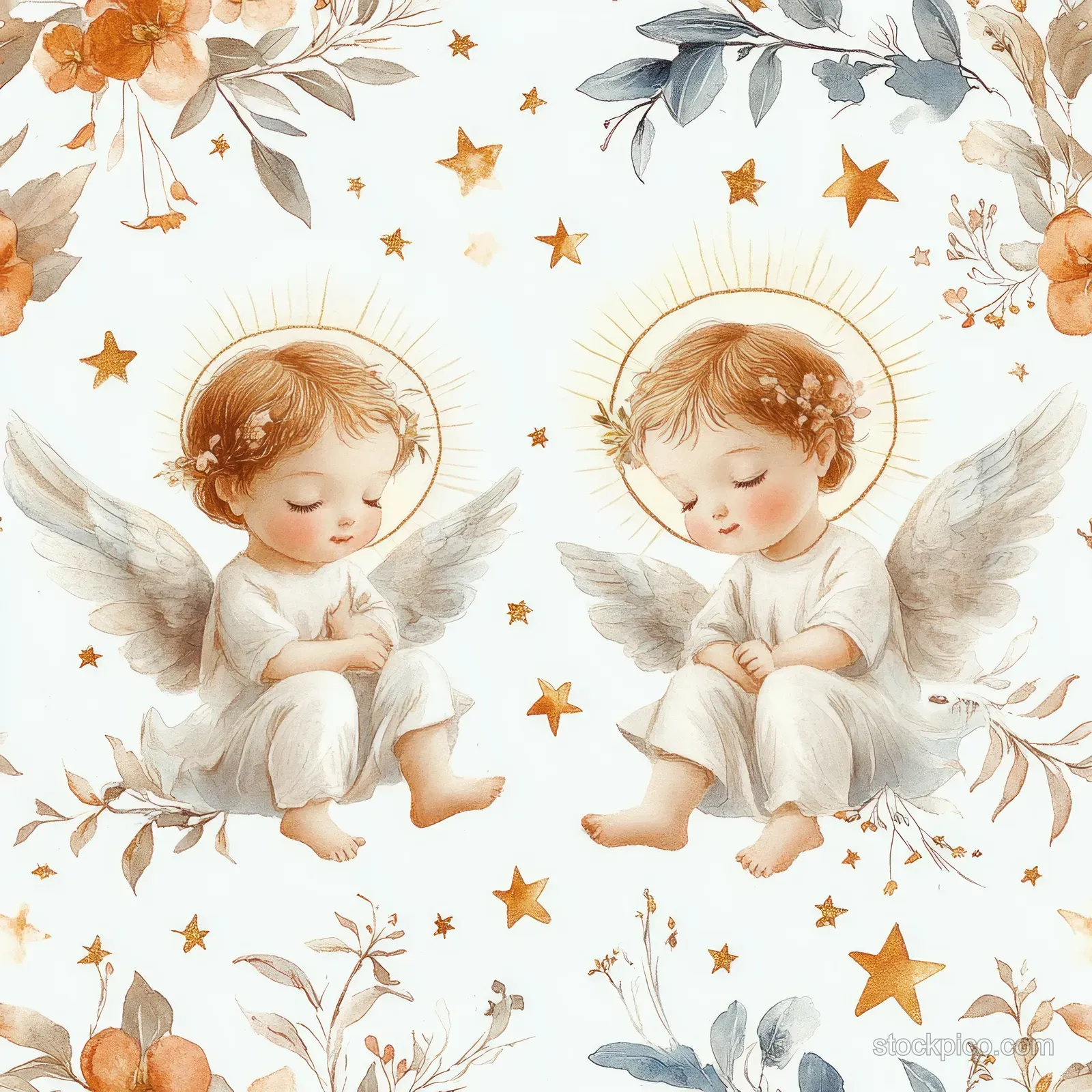 Two sleeping watercolor cherub angels with wings surrounded by golden stars and gentle floral accents in a seamless pattern.