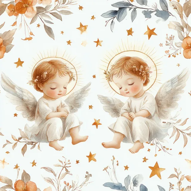 Watercolor angel cherubs sleeping in heavenly nativity pattern with golden stars