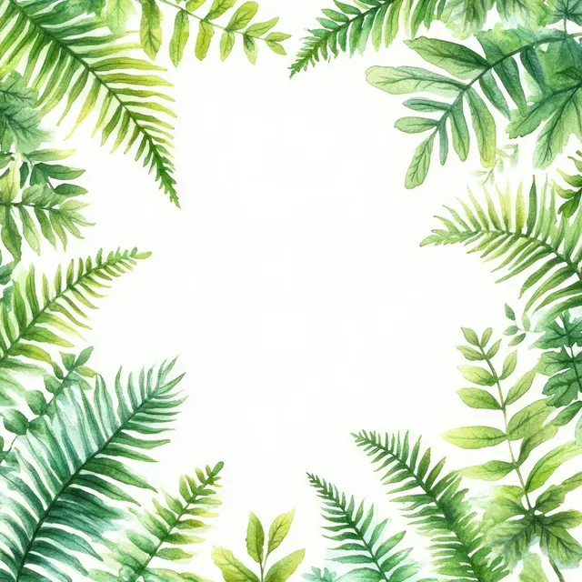 Watercolor green fern leaves form a border around a blank white background space.