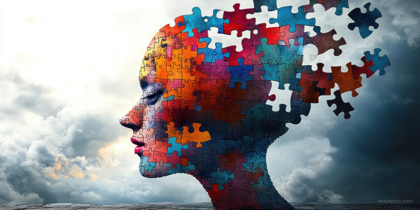Side profile head silhouette made of colorful puzzle pieces scattered against cloudy sky.