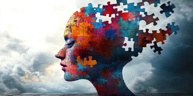 Colorful jigsaw puzzle head silhouette with fractured memory pieces against cloudy background
