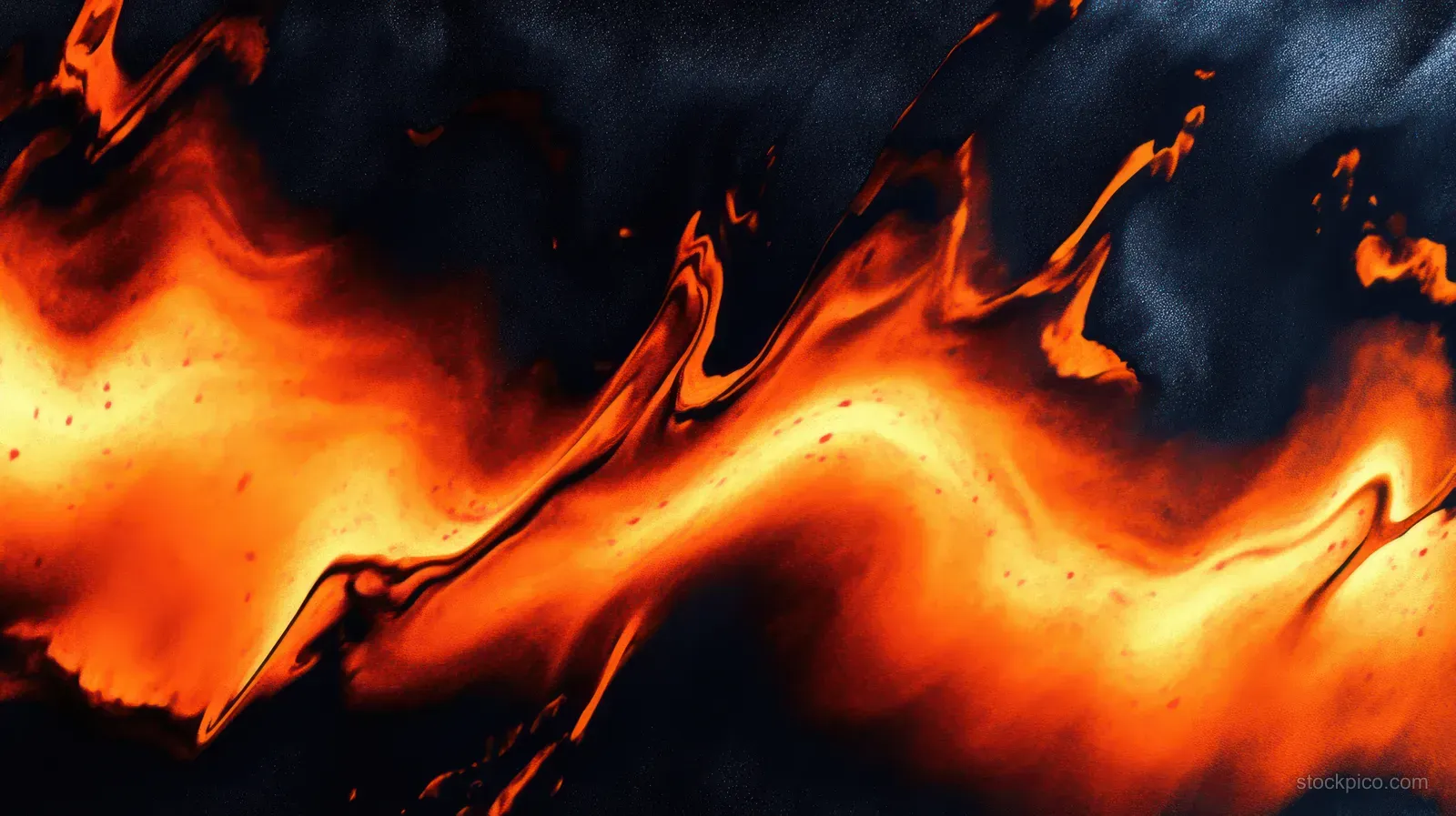 Orange flame-like waves billow across a dark abstract background with smoky texture and high contrast.