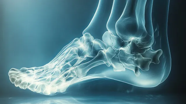 Medical X-ray showing foot and ankle bones with visible joints and heel bone structure.