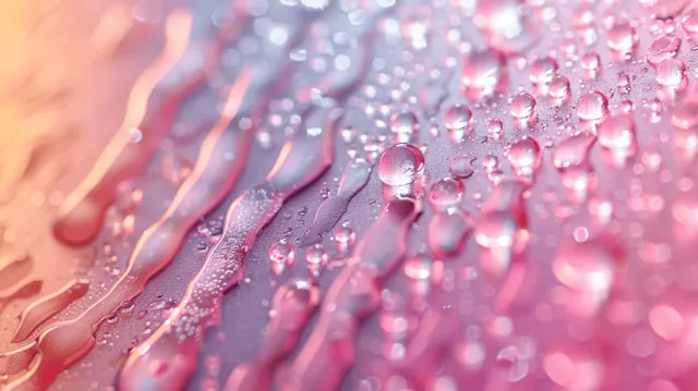 Macro en primer plano de vidrio rosa pastel cubierto de gotas de agua y luz refractada centelleante.