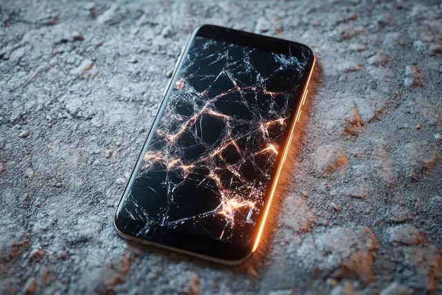 A cracked smartphone with fractured touch screen lies on rough concrete under dramatic lighting.