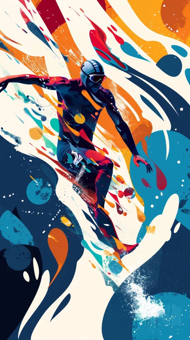 French freestyle swimmer mid-stroke, graphic splashes and bold color motion design poster