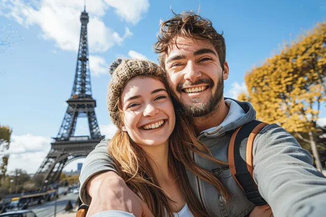 Smiling couple takes a selfie with the Eiffel Tower behind them under blue sky