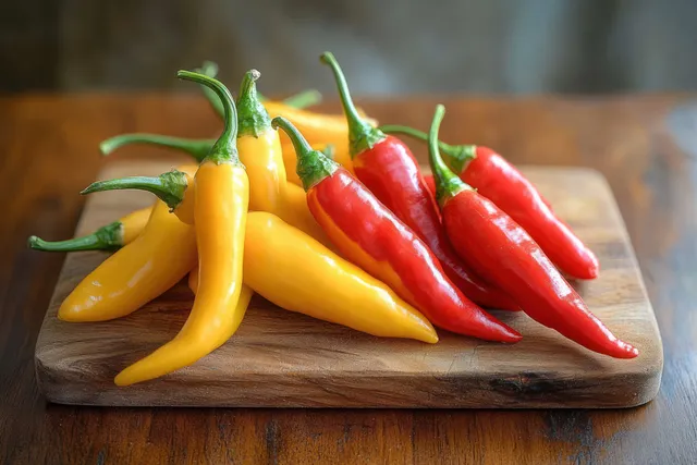 Fresh red and yellow chili peppers with green stems arranged on a wooden cutting board under natural light.