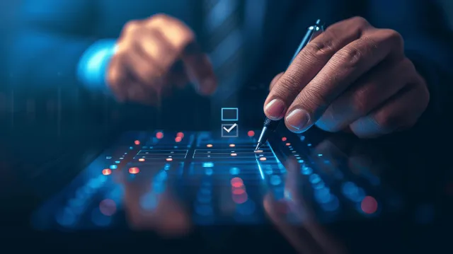 Businessman reviewing a virtual checklist on a digital form for feedback analysis