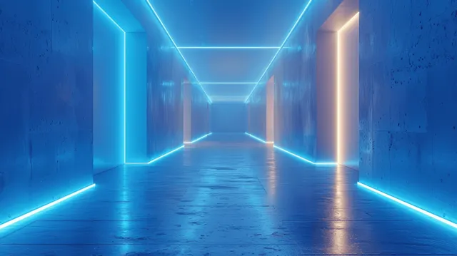 Empty blue corridor with neon light strips glowing along both walls and reflections on the floor.