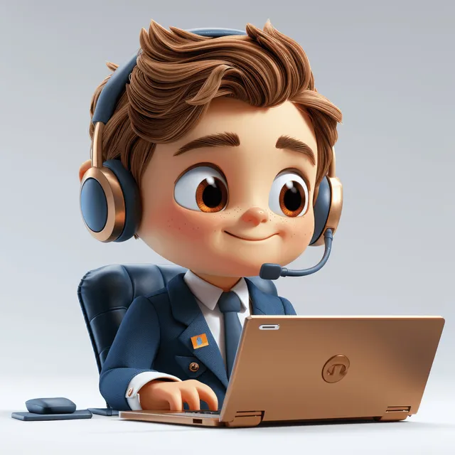 Smiling cartoon customer service agent in a blue suit with a headset types on a laptop at a desk.