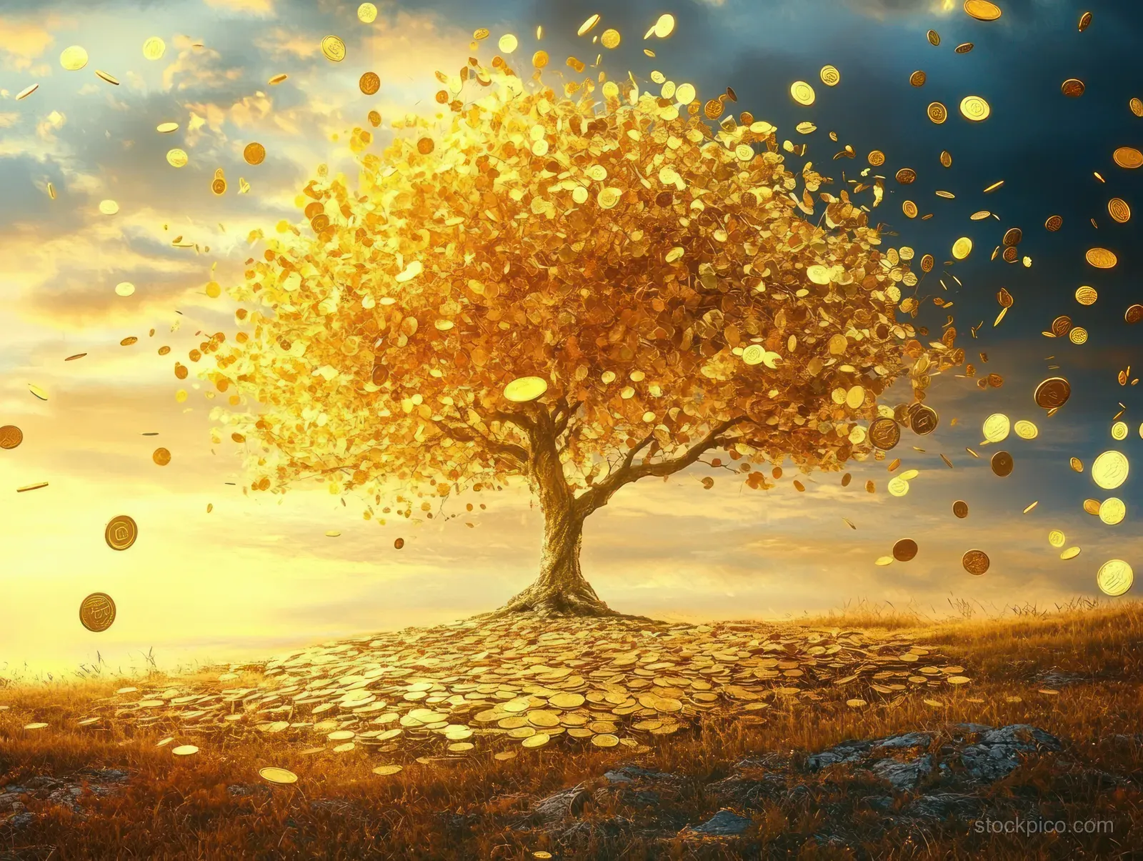 Golden money tree with coin leaves on a grassy hill as glowing coins rain down beneath cloudy light.
