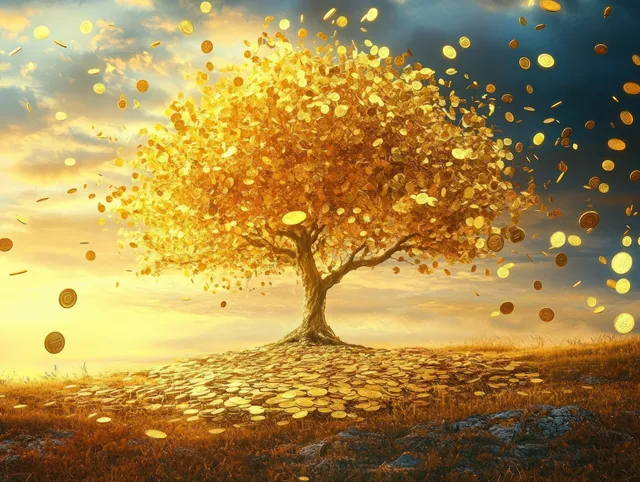 Golden money tree with coin leaves on a grassy hill as glowing coins rain down beneath cloudy light.