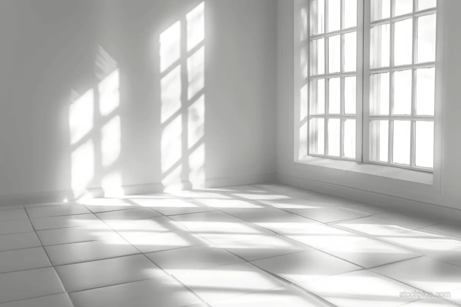 Sunlight through window casts long striped shadows on white tiled floor in an empty minimal room.