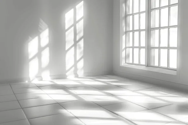 Sunlight through window casts long striped shadows on white tiled floor in an empty minimal room.