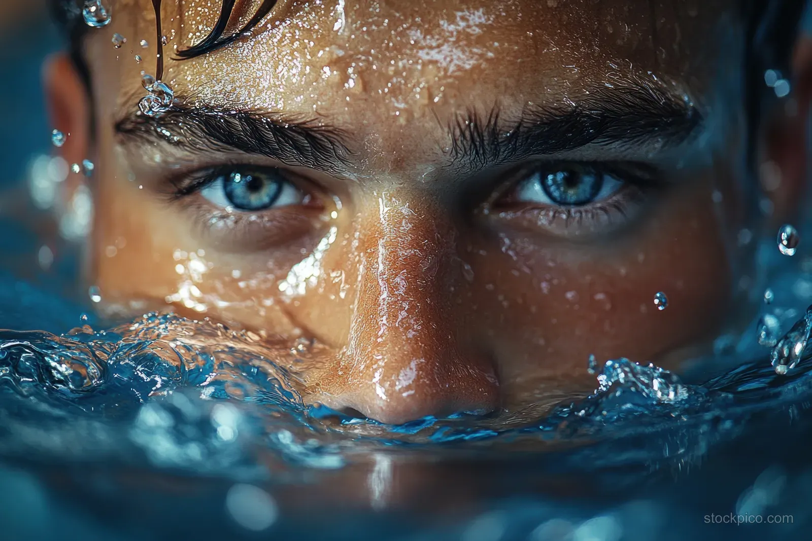 Athletic male swimmer underwater, eyes focused, freestyle crawl with bubbles and rippling blue water around his face.