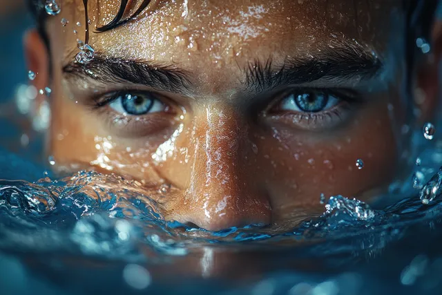 Athletic male swimmer underwater, eyes focused, freestyle crawl with bubbles and rippling blue water around his face.