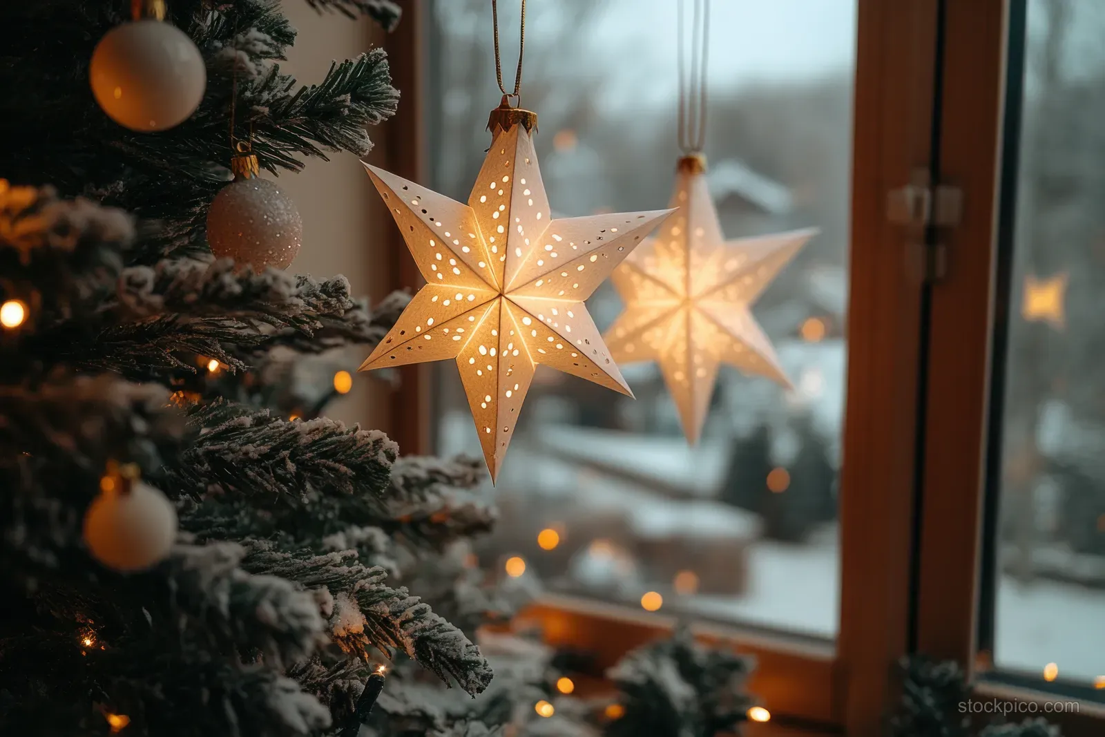 Glowing star lanterns hang among a decorated pine garland beside a winter window at home.