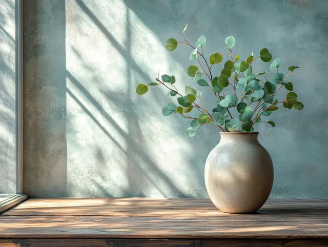 Beige vase with green leaves on a rustic wooden floor beside a blue wall with window shadows.