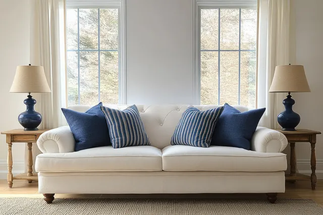 Cream sofa with blue striped pillows framed by tall windows, wooden side tables, and two matching lamps.