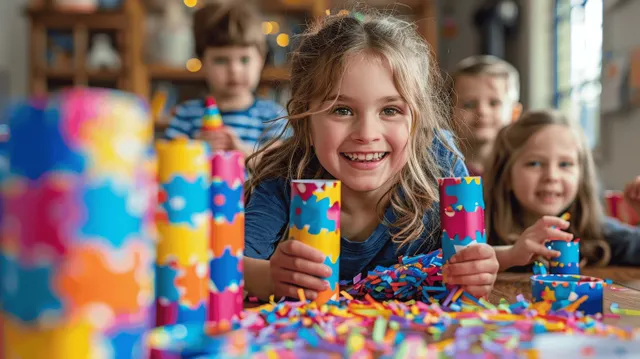 Children’s hands craft birthday decoration tubes and paper streamers on a table with confetti pieces around.