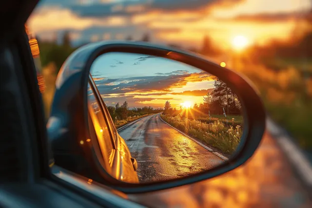 Car rear-view mirror reflecting a sunset road along an empty highway during dusk.