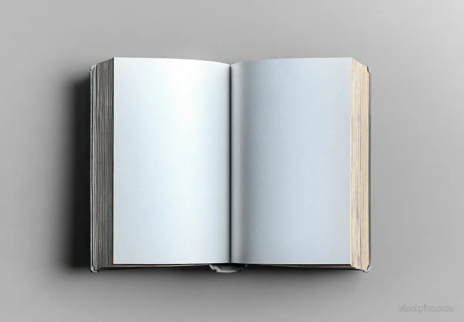 Open book with blank pages displayed on a gray background under soft natural light.
