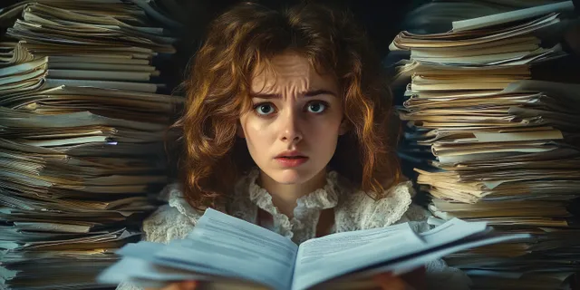 Overwhelmed businesswoman studying stacks of paperwork at midnight in dim office light