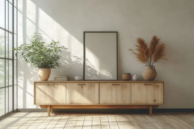 Light wood sideboard with decor and potted plants in a minimalist hallway lit by soft natural window light.