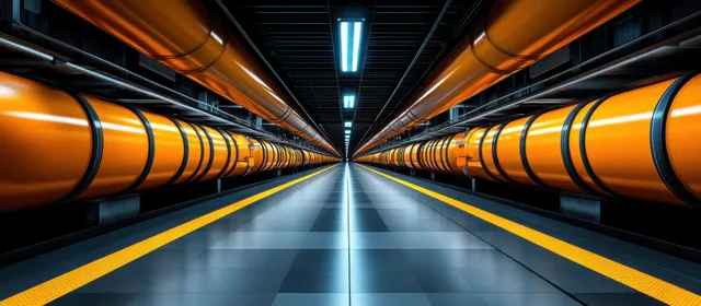 Symmetrical industrial corridor with parallel ceiling pipes, glowing light strip, and colorful junction boxes.