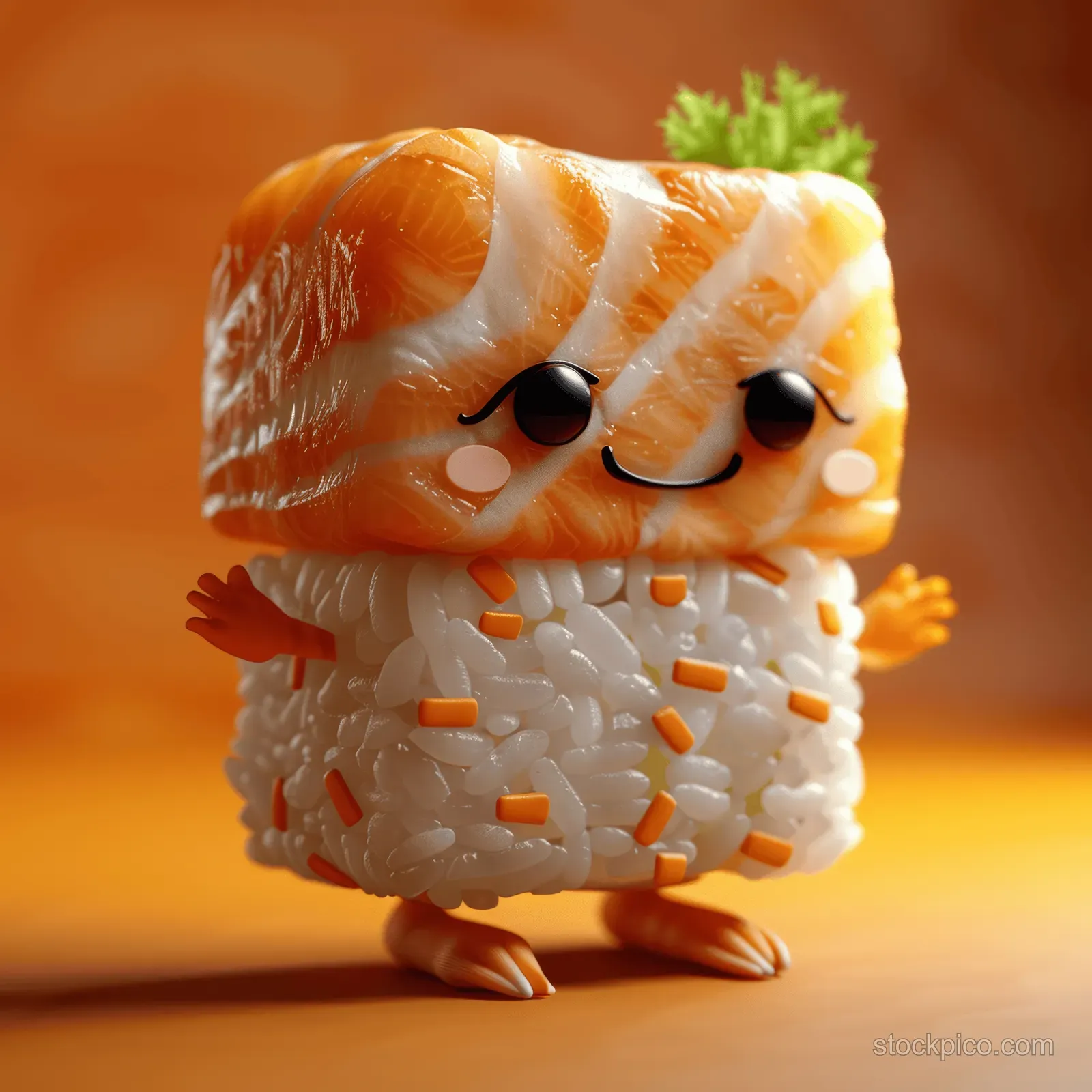 A 3D sushi character with big eyes and a smiling face stands against a warm orange background.