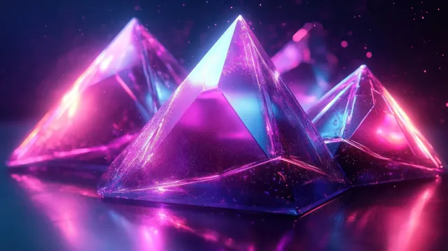 Transparent crystal pyramids glow purple and pink with bright reflections on a glossy dark surface.