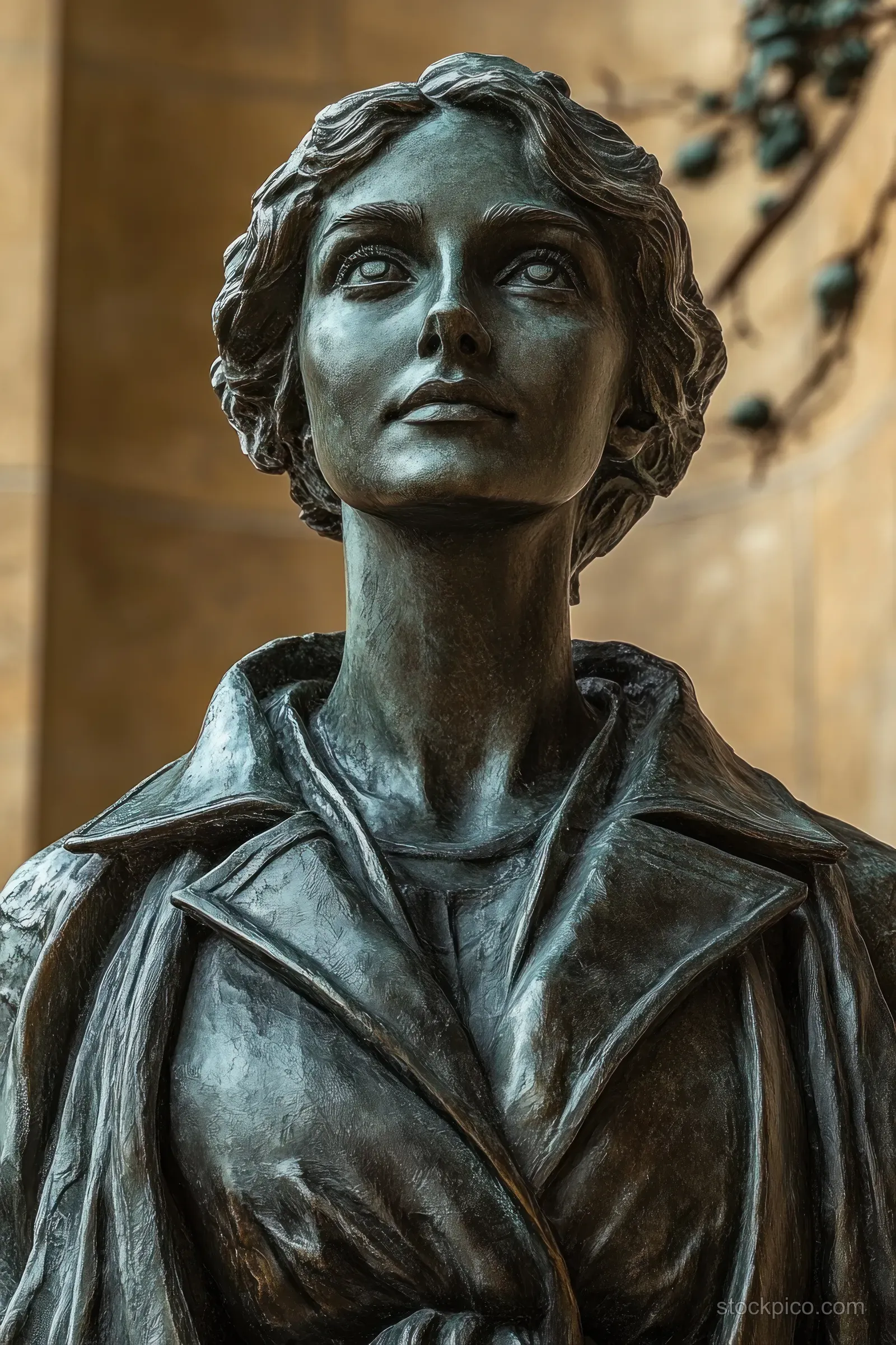 Bronze statue of a woman with short wavy hair and a coat, gazing slightly upward in close-up.