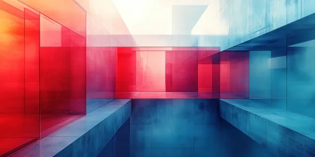 Un pasillo geométrico rojo y azul con pilares luminosos en forma de bloque, suelo reflectante y una profunda perspectiva.