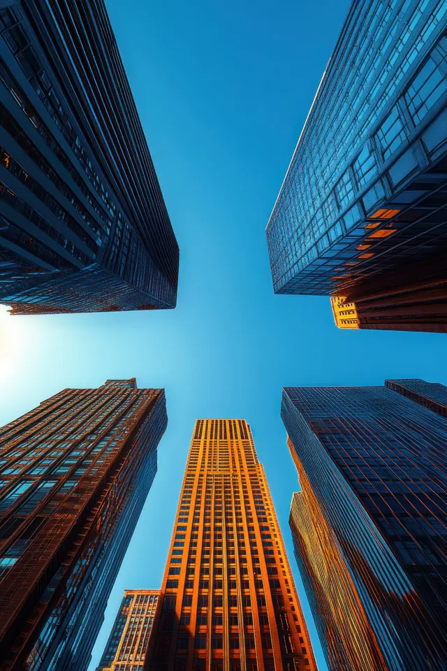 Skyward low-angle view of tall glass skyscrapers with reflective facades under golden hour light.