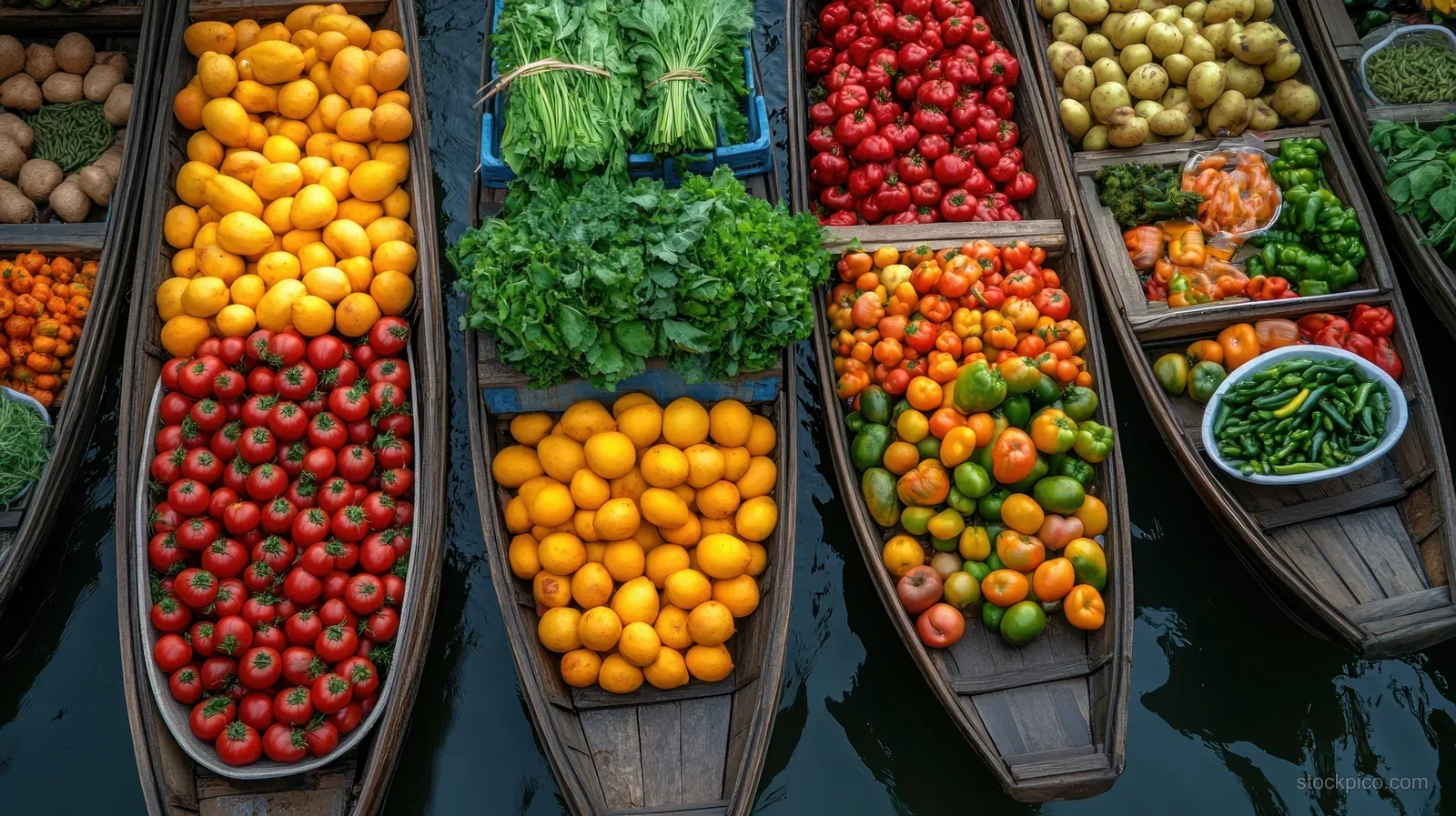 Aerial view shows wooden boats on a canal packed with colorful fruit and vegetable bins in Damnoen Saduak, Thailand.