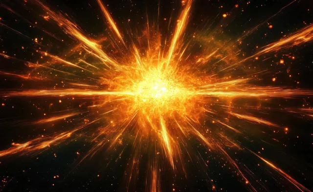 A golden supernova explosion radiates fiery sparks and star-dust against a dark cosmic background.