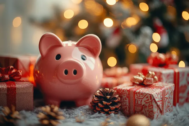 A red Christmas piggy bank rests beside wrapped gift boxes and pinecones under warm glowing tree lights.