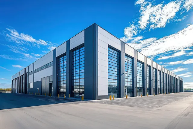 Modern warehouse exterior with tall glass windows and a wide concrete yard under a bright blue sky.