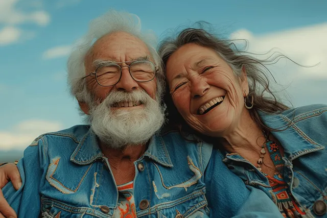 Elderly couple in denim jackets embraces and smiles outdoors under a blue sky.