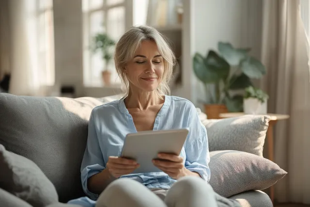 Middle aged woman using tablet on gray couch by bright window