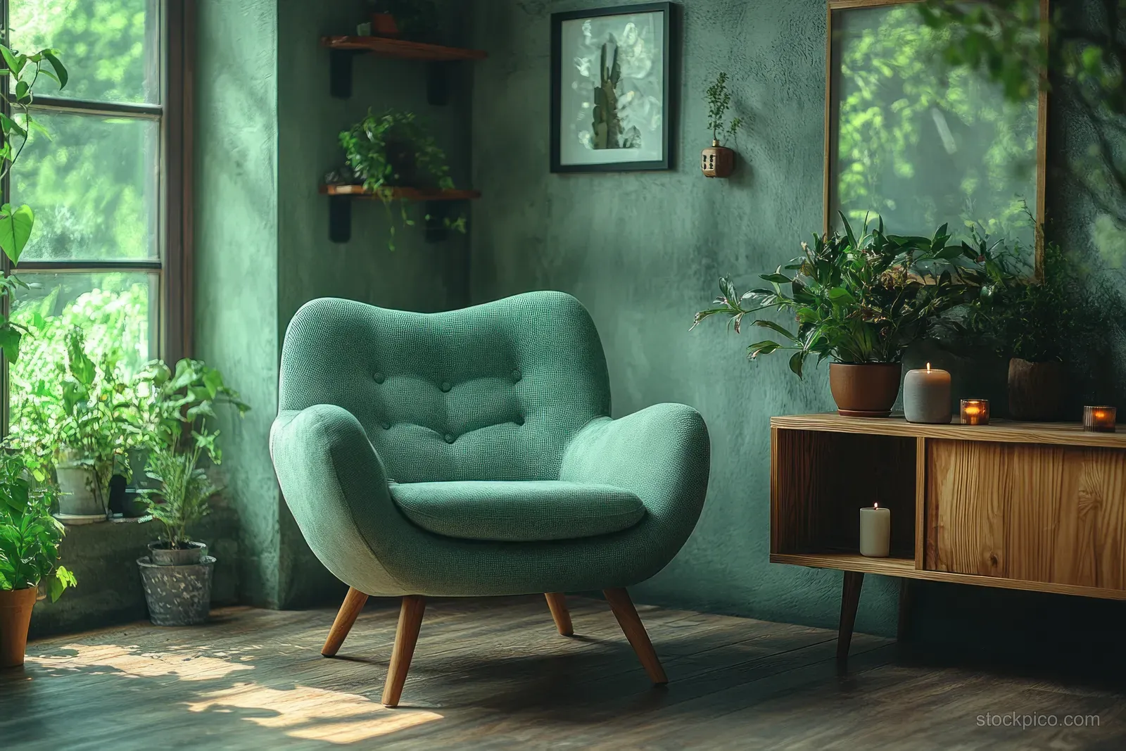 Teal armchair next to a wooden console table with candles, potted plants, and soft sunlight through sheer curtains.