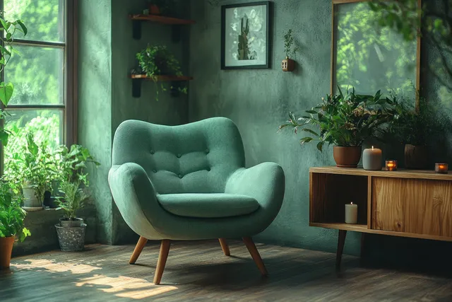 Teal armchair next to a wooden console table with candles, potted plants, and soft sunlight through sheer curtains.