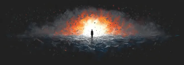 Silhouetted figure stands alone before a fiery explosion, with flying debris and stark light.