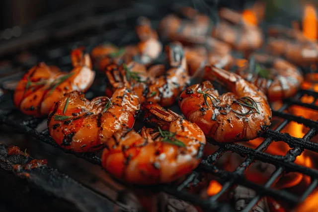 Grilled shrimp on hot BBQ grates with orange flames and herb char
