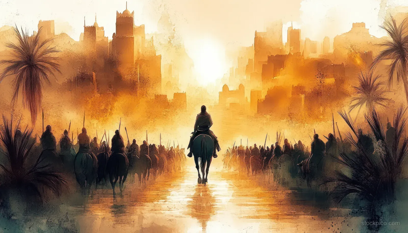 Watercolor illustration of a lone horseback Jesus silhouette leading a Palm Sunday crowd into Jerusalem at sunset.
