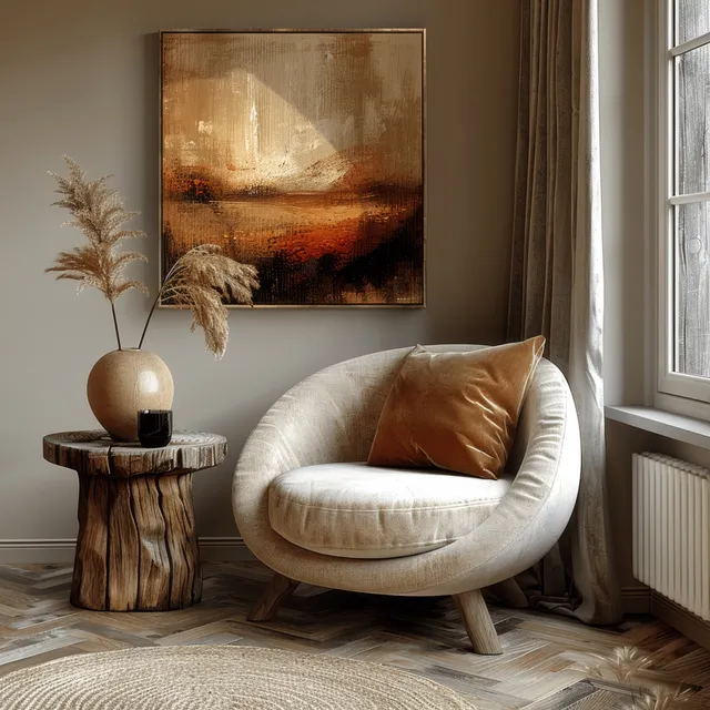 Boho living room corner with beige barrel chair, abstract framed poster, wooden side table, and soft window light.