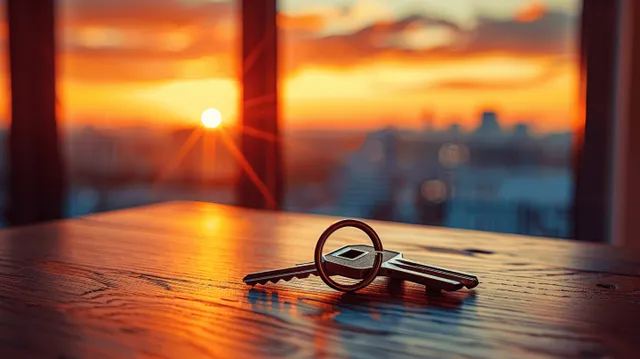 House keys lie on a wooden table with a glowing sunset city skyline visible through large apartment windows.