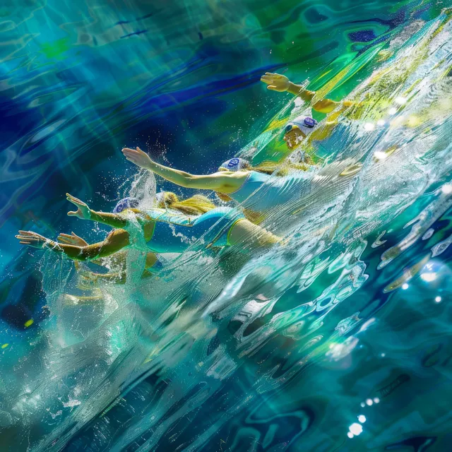 Underwater view of Australian female swimmers in a freestyle relay, splashing and streaming bubbles