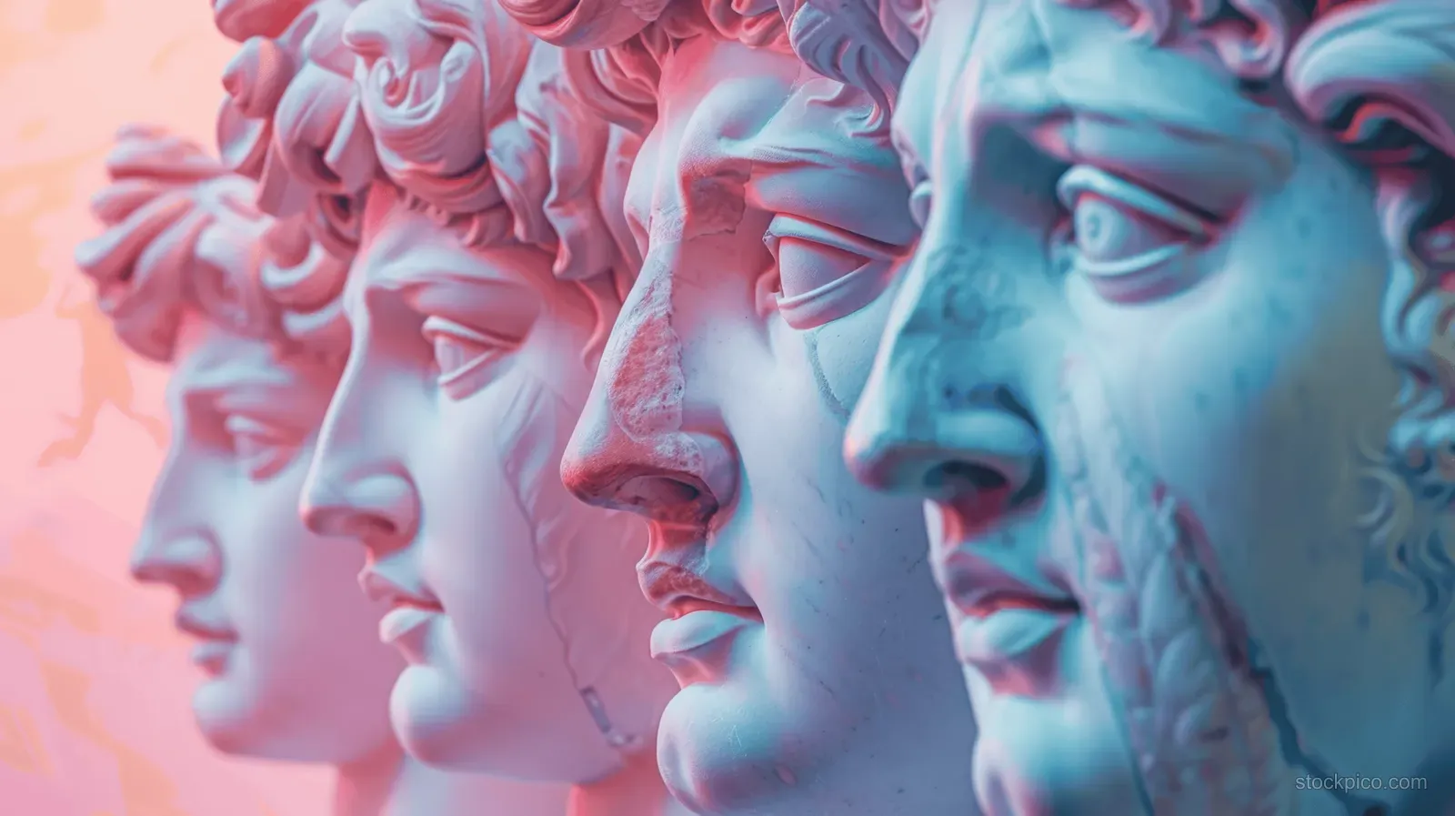 Three Renaissance-style plaster statues with blue hair appear on a pink and blue gradient background with square overlays.